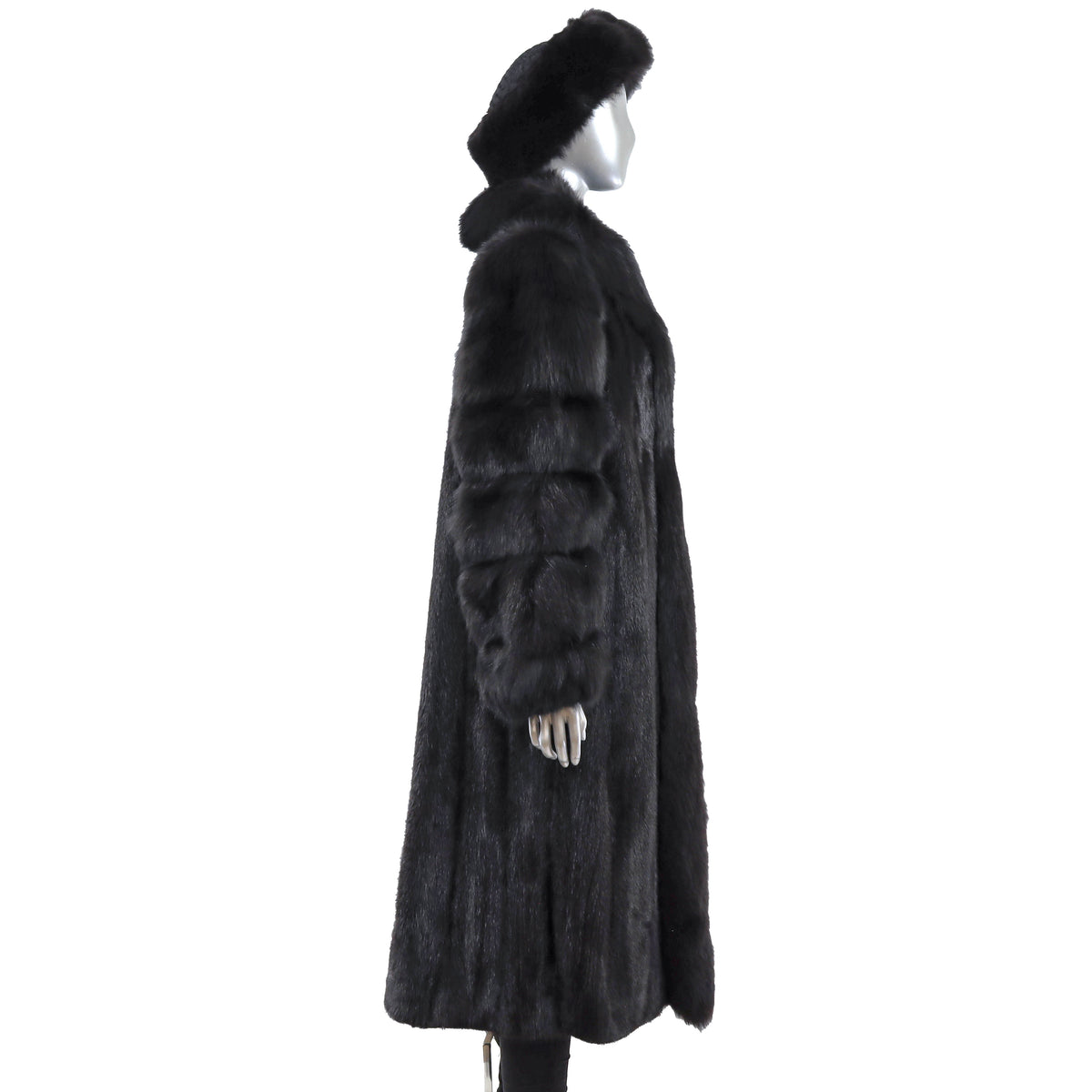 Black Mink Coat with Fox Tuxedo and Sleeves and Matching Hat- Size M