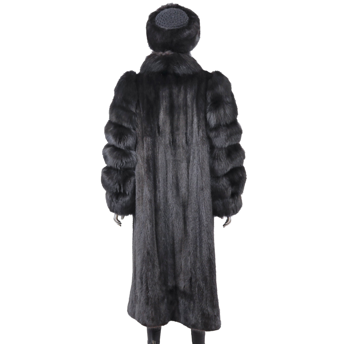 Black Mink Coat with Fox Tuxedo and Sleeves and Matching Hat- Size M