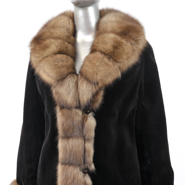 Sheared Mink Coat with Sable Tuxedo and Cuffs- Size M