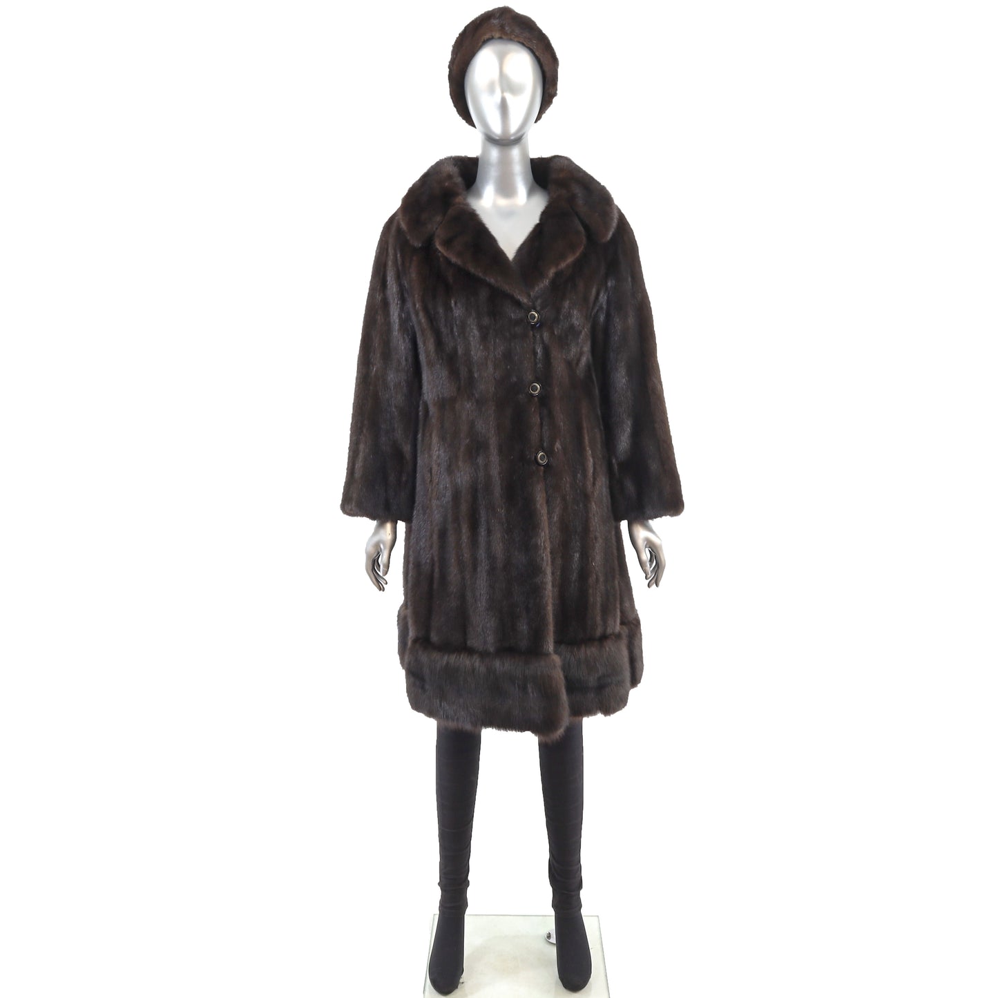 Mahogany Mink Coat with Sable Trim and Matching Hat- Size M
