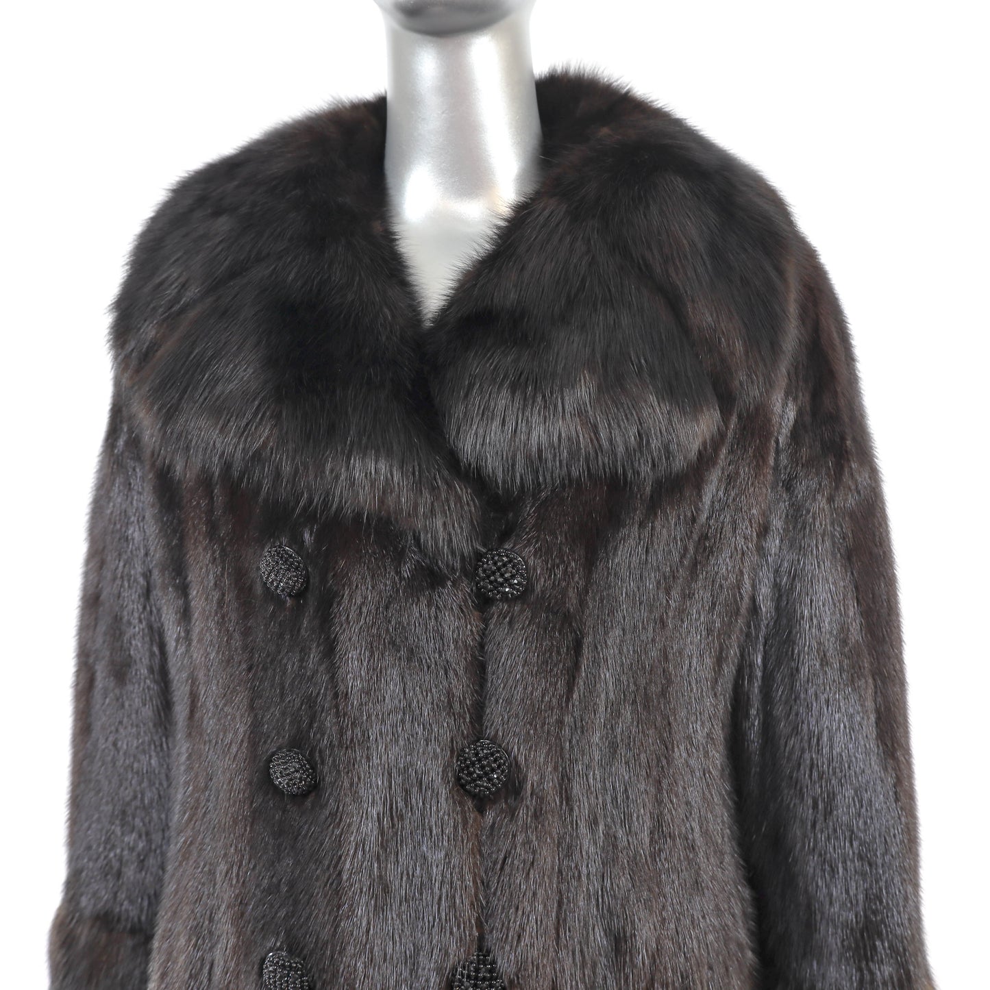 Dark Brown Mink Coat with Sable Collar and Cuffs- Size S