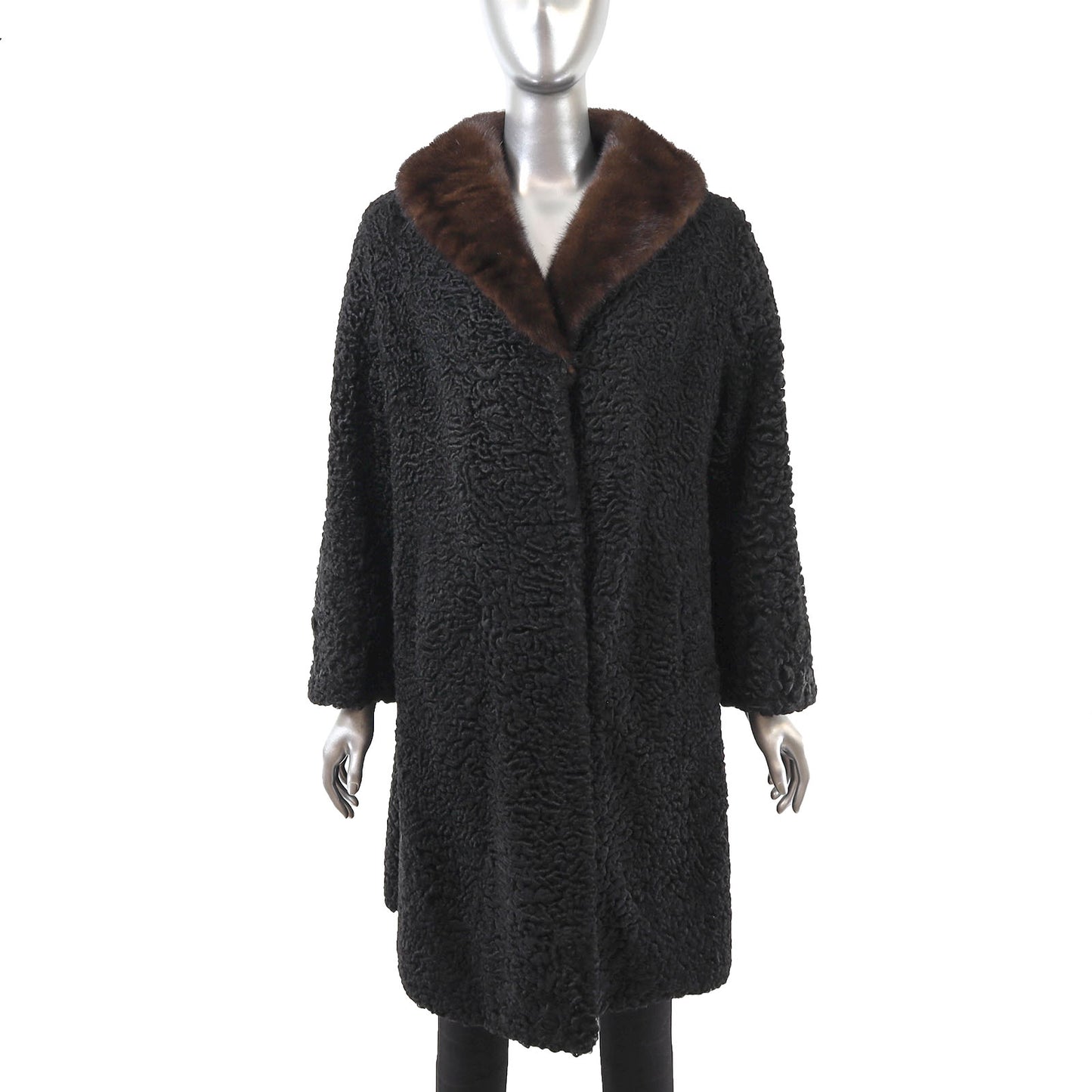 Black Persian Lamb Coat with Fox Collar- Size L