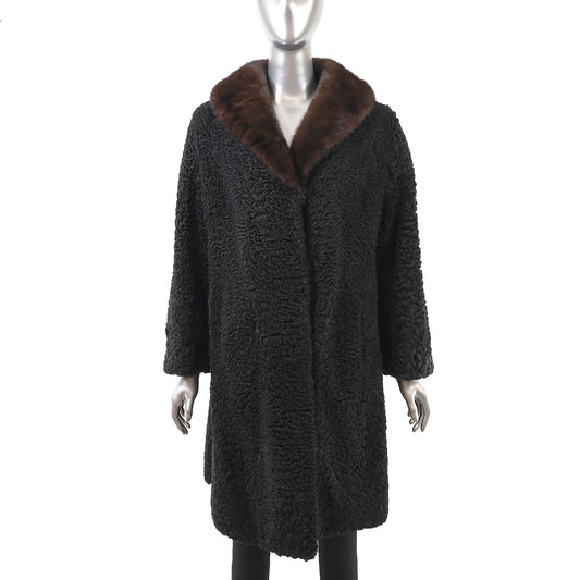 Black Persian Lamb Coat with Fox Collar- Size L
