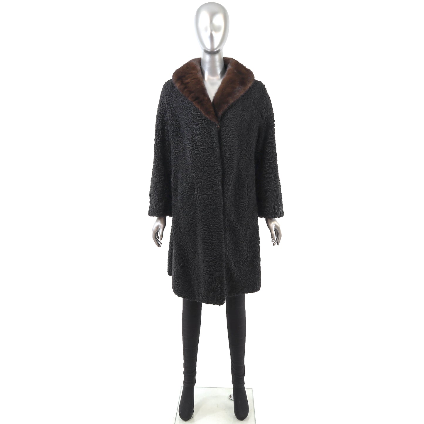Black Persian Lamb Coat with Fox Collar- Size L