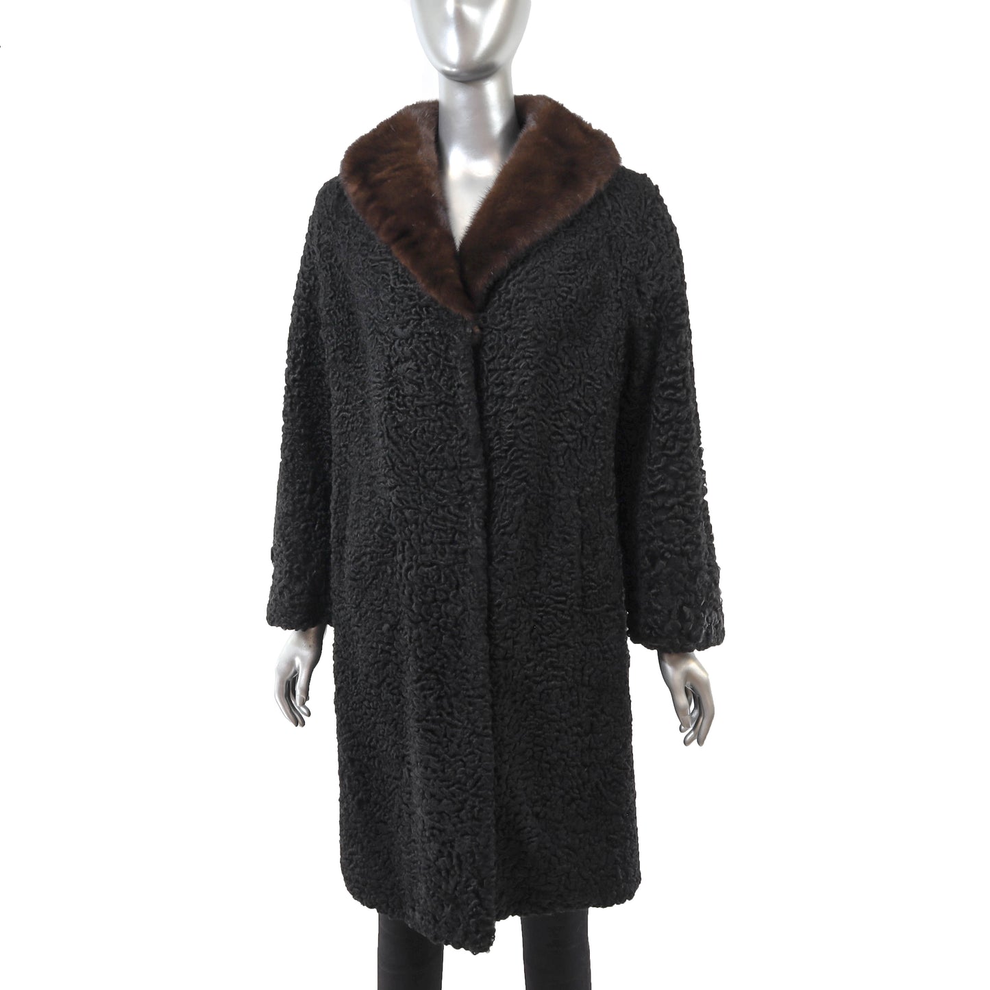Black Persian Lamb Coat with Fox Collar- Size L