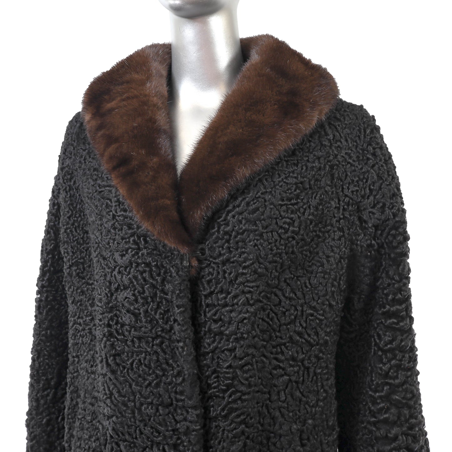 Black Persian Lamb Coat with Fox Collar- Size L