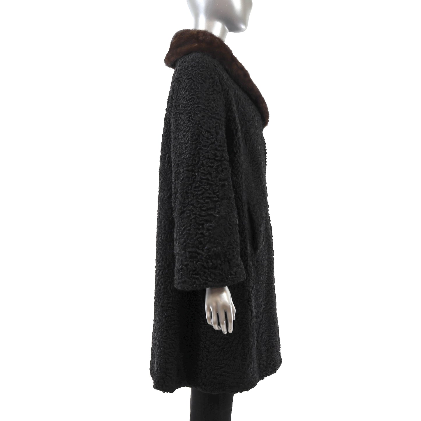 Black Persian Lamb Coat with Fox Collar- Size L