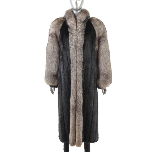 Black Mink Coat with Silver Fox Tuxedo and Sleeves- Size L