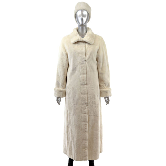 White Sheared Mink Coat Reversible to Taffeta with Matching Headband- Size M