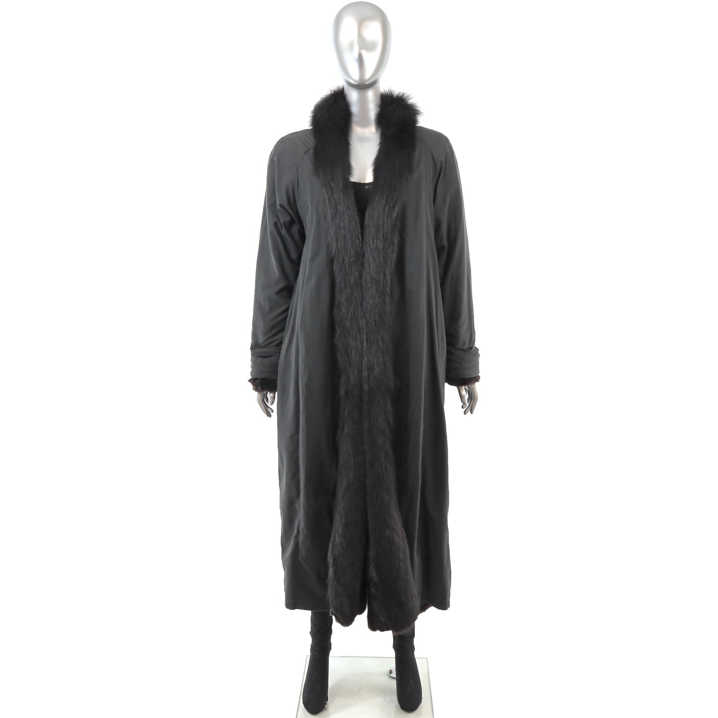 Black Section Mink Coat Reversible to Taffeta with Fox Tuxedo- Size L