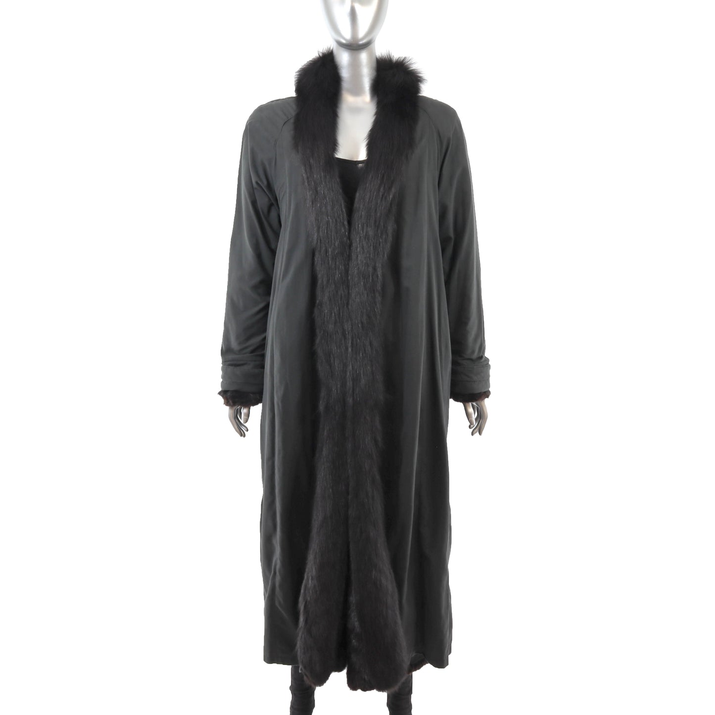 Black Section Mink Coat Reversible to Taffeta with Fox Tuxedo- Size L