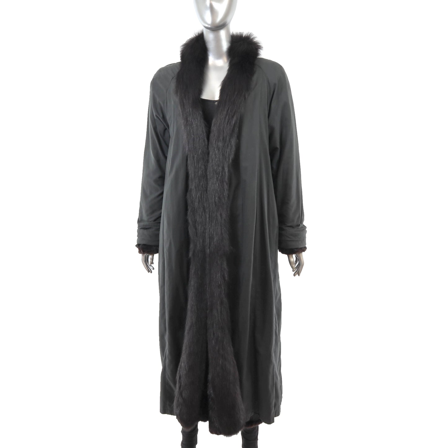 Black Section Mink Coat Reversible to Taffeta with Fox Tuxedo- Size L