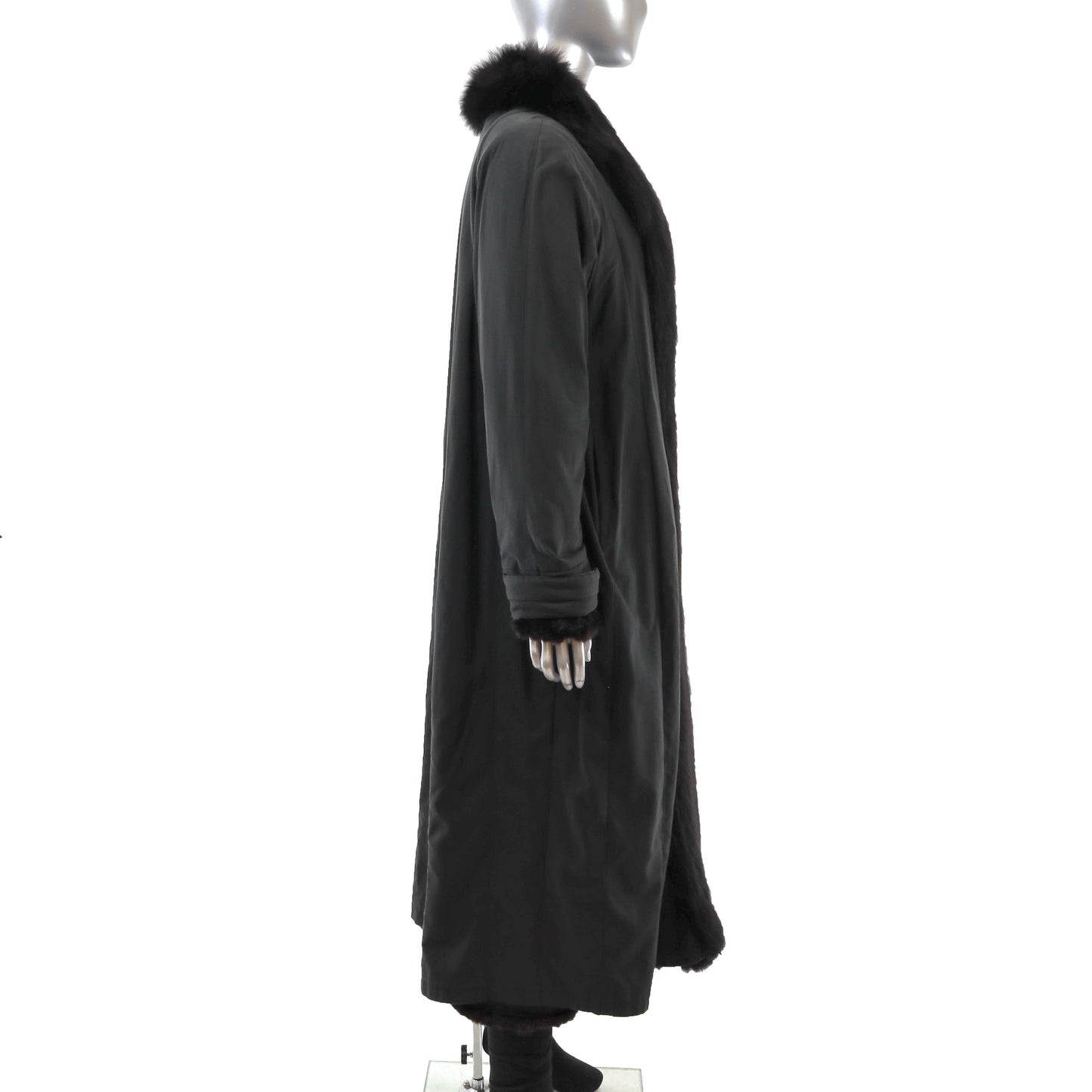 Black Section Mink Coat Reversible to Taffeta with Fox Tuxedo- Size L