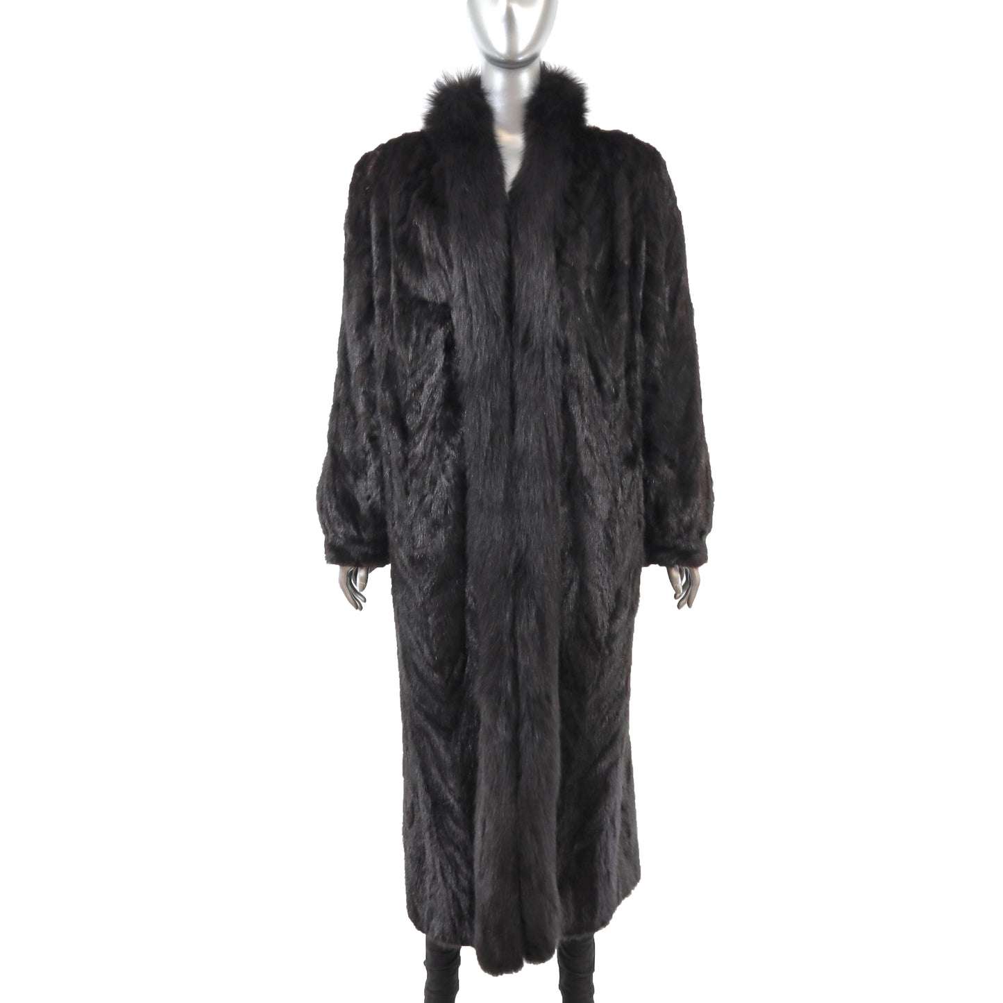 Black Section Mink Coat Reversible to Taffeta with Fox Tuxedo- Size L