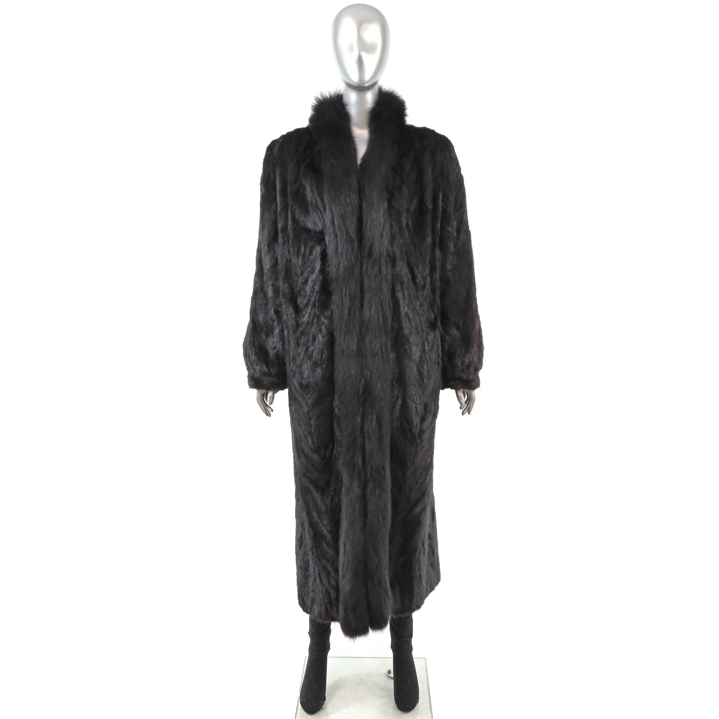 Black Section Mink Coat Reversible to Taffeta with Fox Tuxedo- Size L