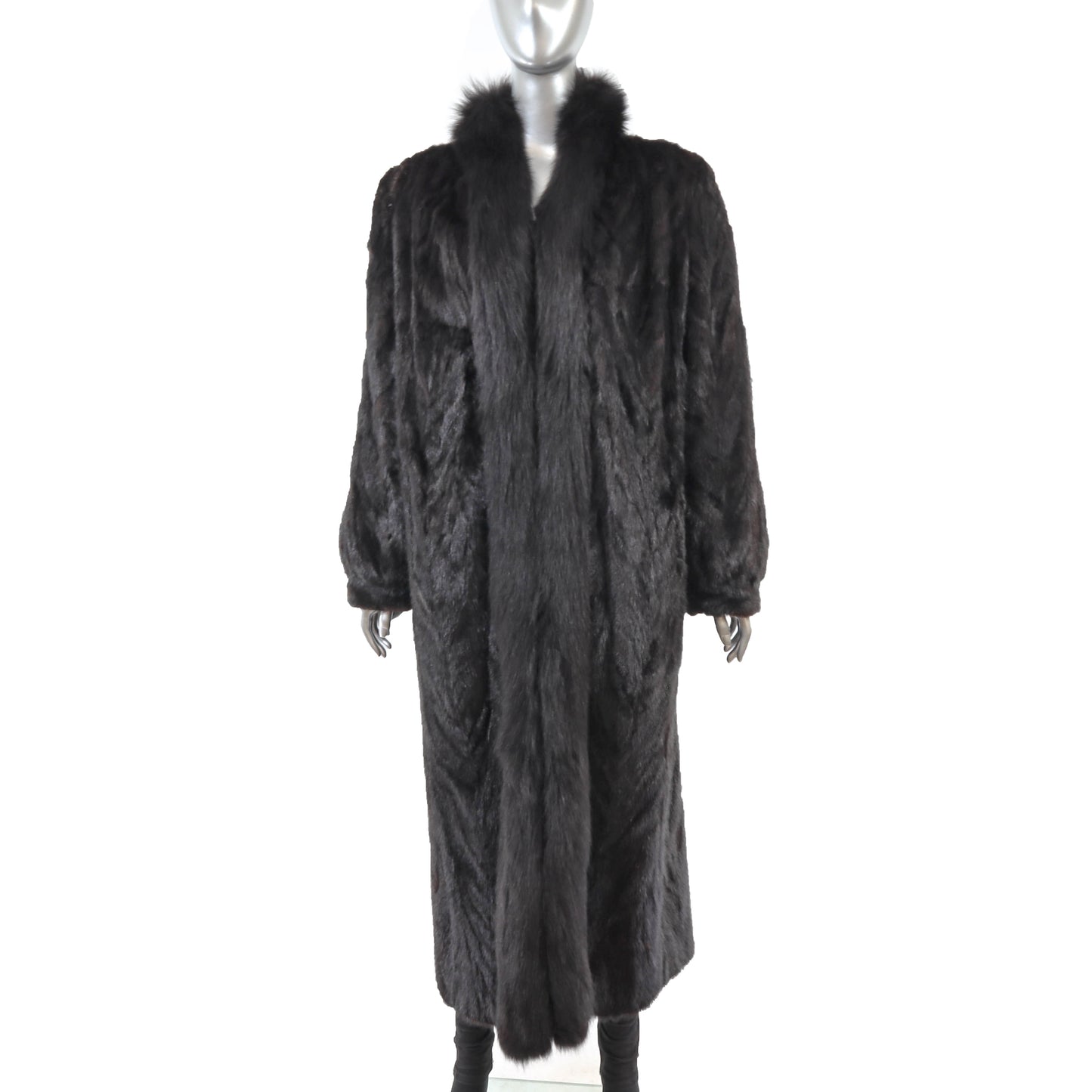Black Section Mink Coat Reversible to Taffeta with Fox Tuxedo- Size L