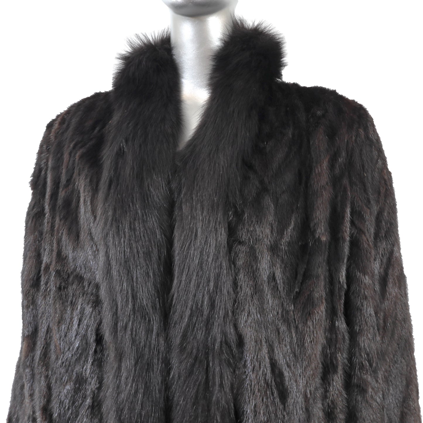 Black Section Mink Coat Reversible to Taffeta with Fox Tuxedo- Size L