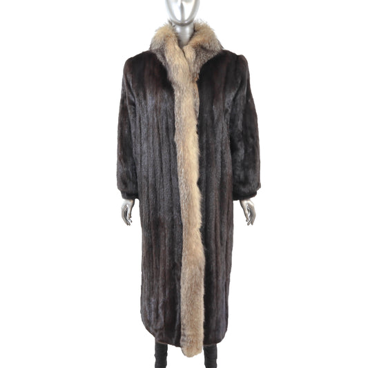Dark Brown Mink Coat with Fox Tuxedo- Size L