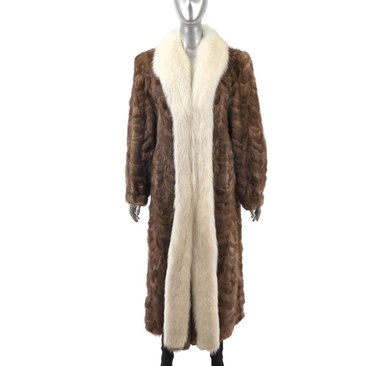Light Brown Section Mink Coat with Fox Tuxedo- Size M