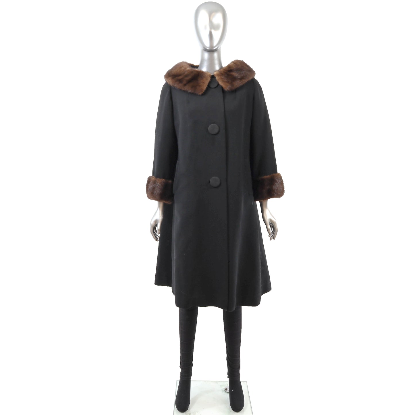 Black Wool Coat with Mink Trim- Size XL