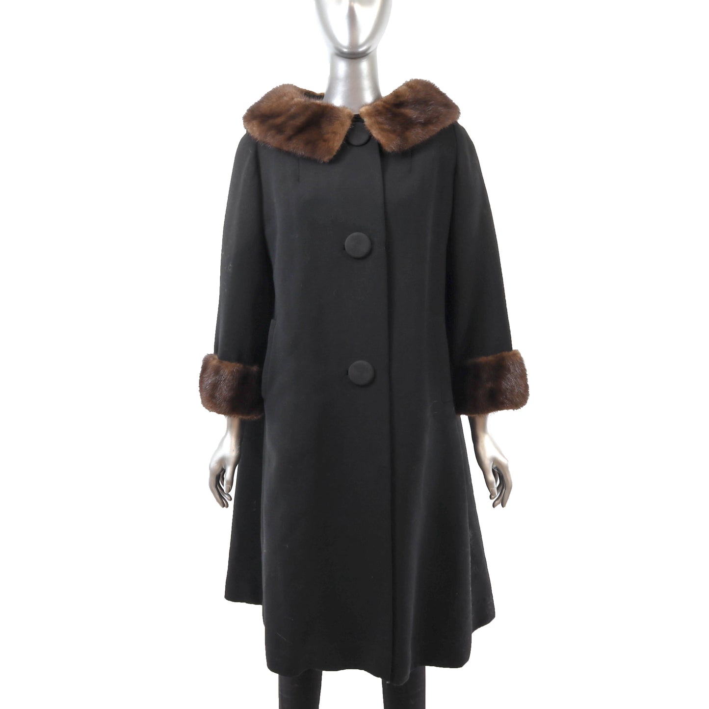 Black Wool Coat with Mink Trim- Size XL