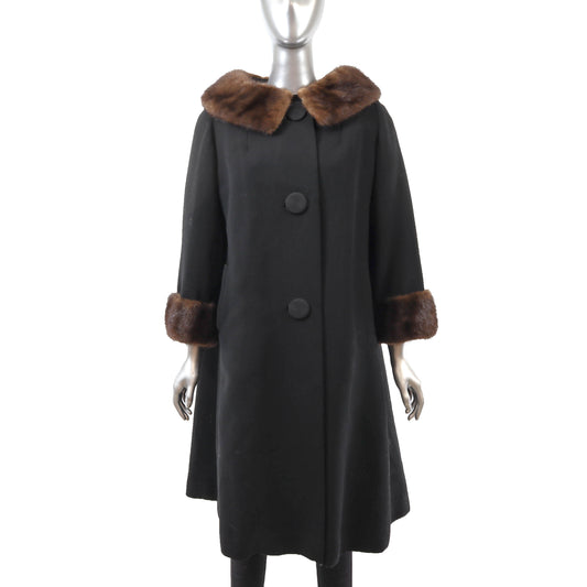 Black Wool Coat with Mink Trim- Size XL