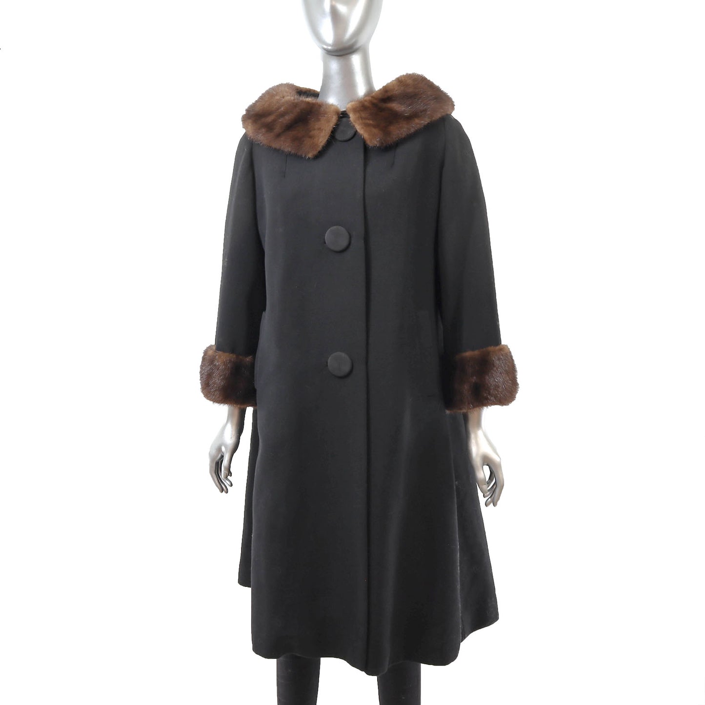 Black Wool Coat with Mink Trim- Size XL