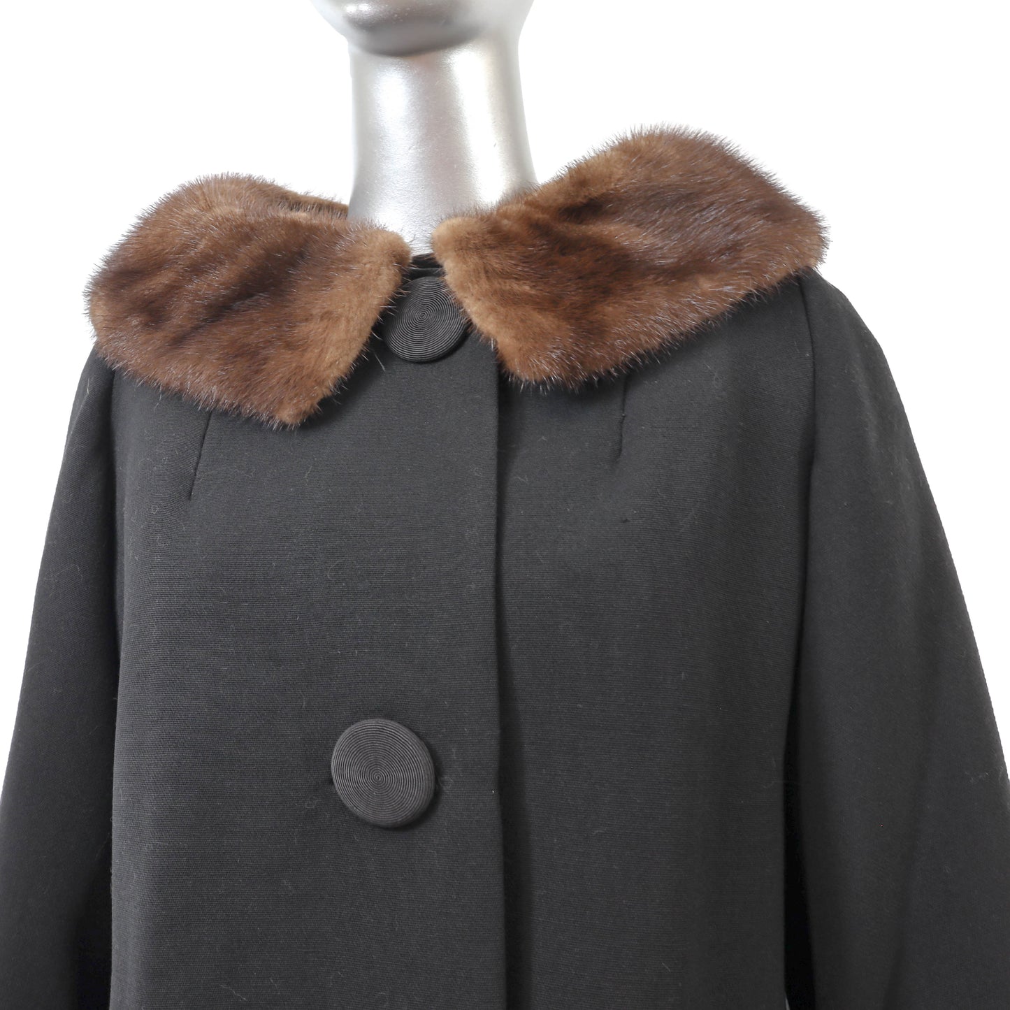 Black Wool Coat with Mink Trim- Size XL