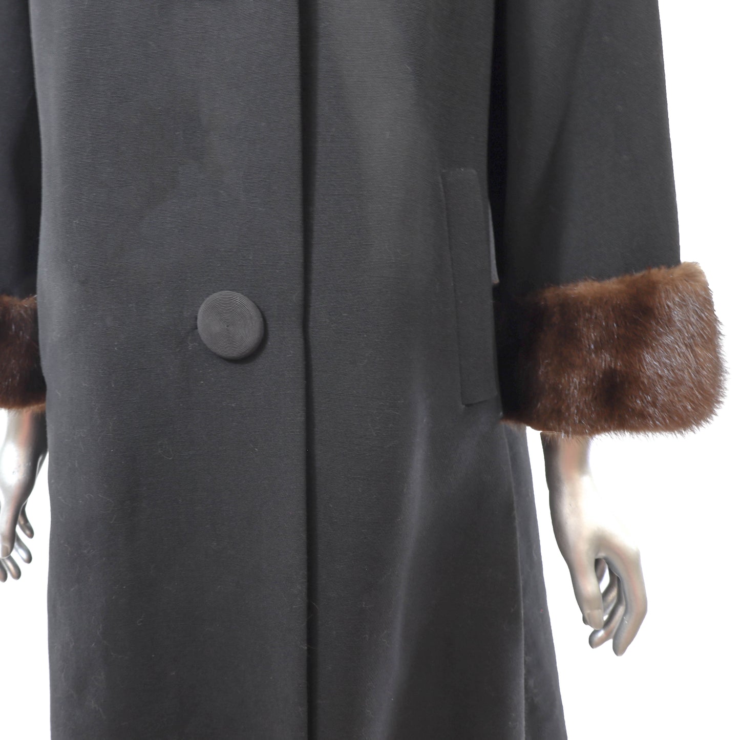 Black Wool Coat with Mink Trim- Size XL