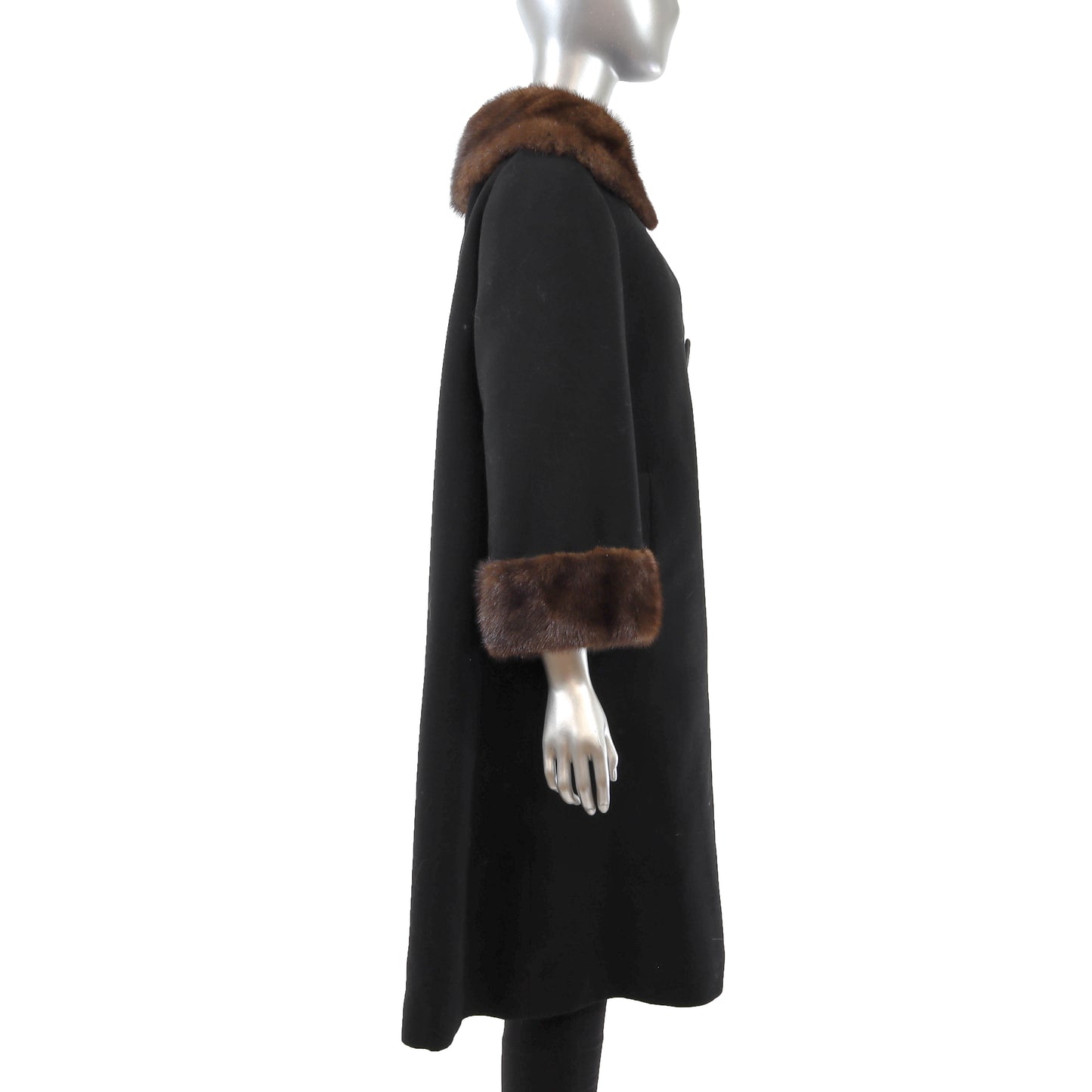Black Wool Coat with Mink Trim- Size XL