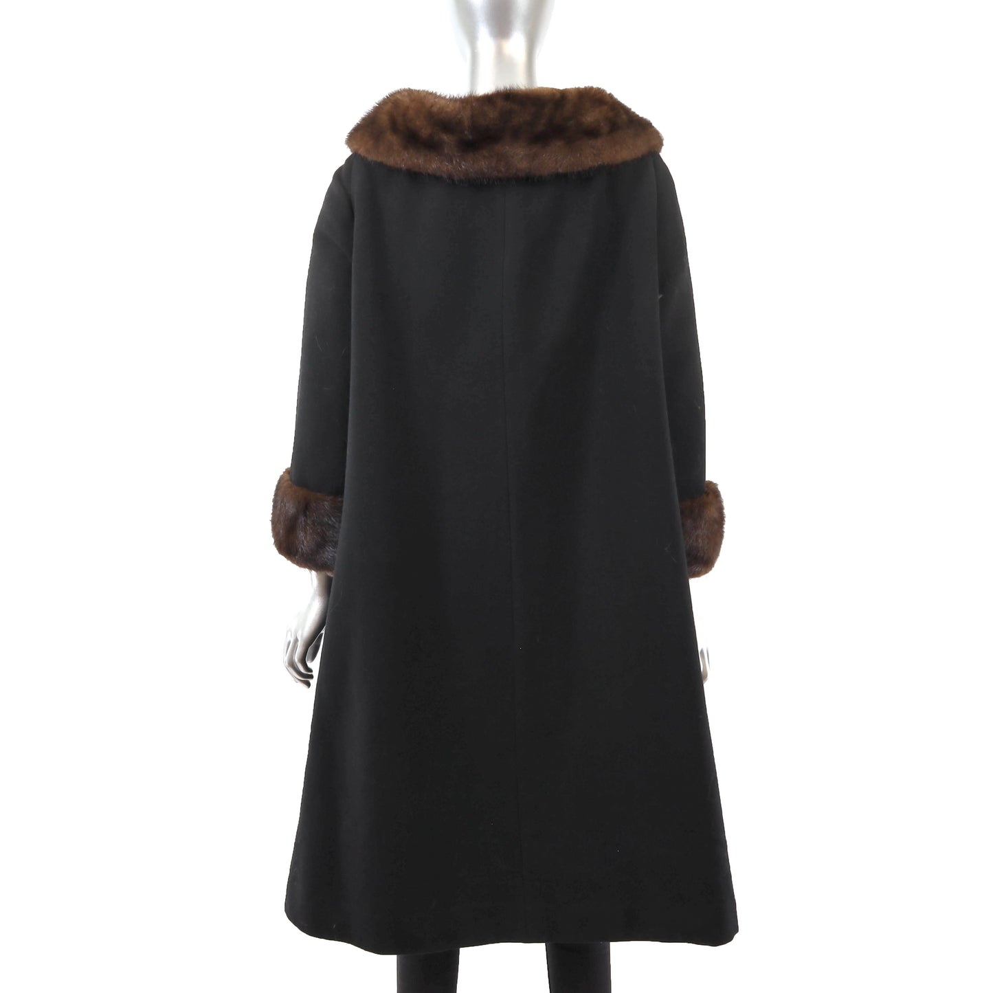 Black Wool Coat with Mink Trim- Size XL
