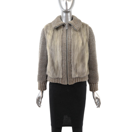 Grey Knitted Mink Jacket with Detachable Sleeves- Size S