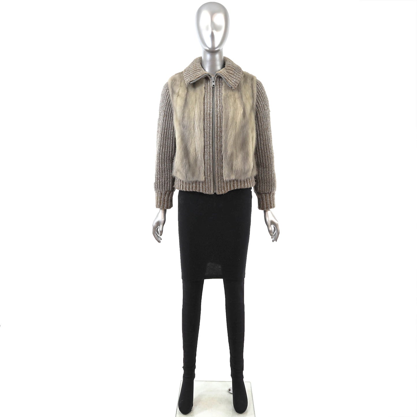 Grey Knitted Mink Jacket with Detachable Sleeves- Size S