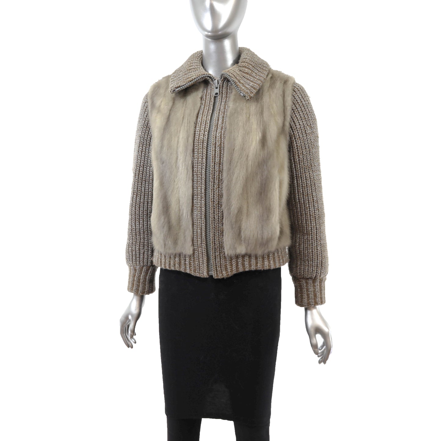 Grey Knitted Mink Jacket with Detachable Sleeves- Size S
