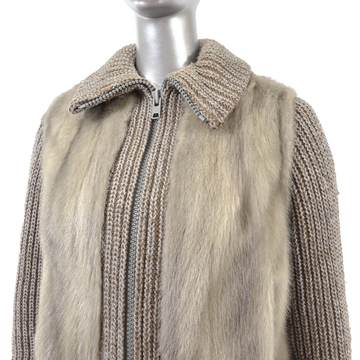 Grey Knitted Mink Jacket with Detachable Sleeves- Size S