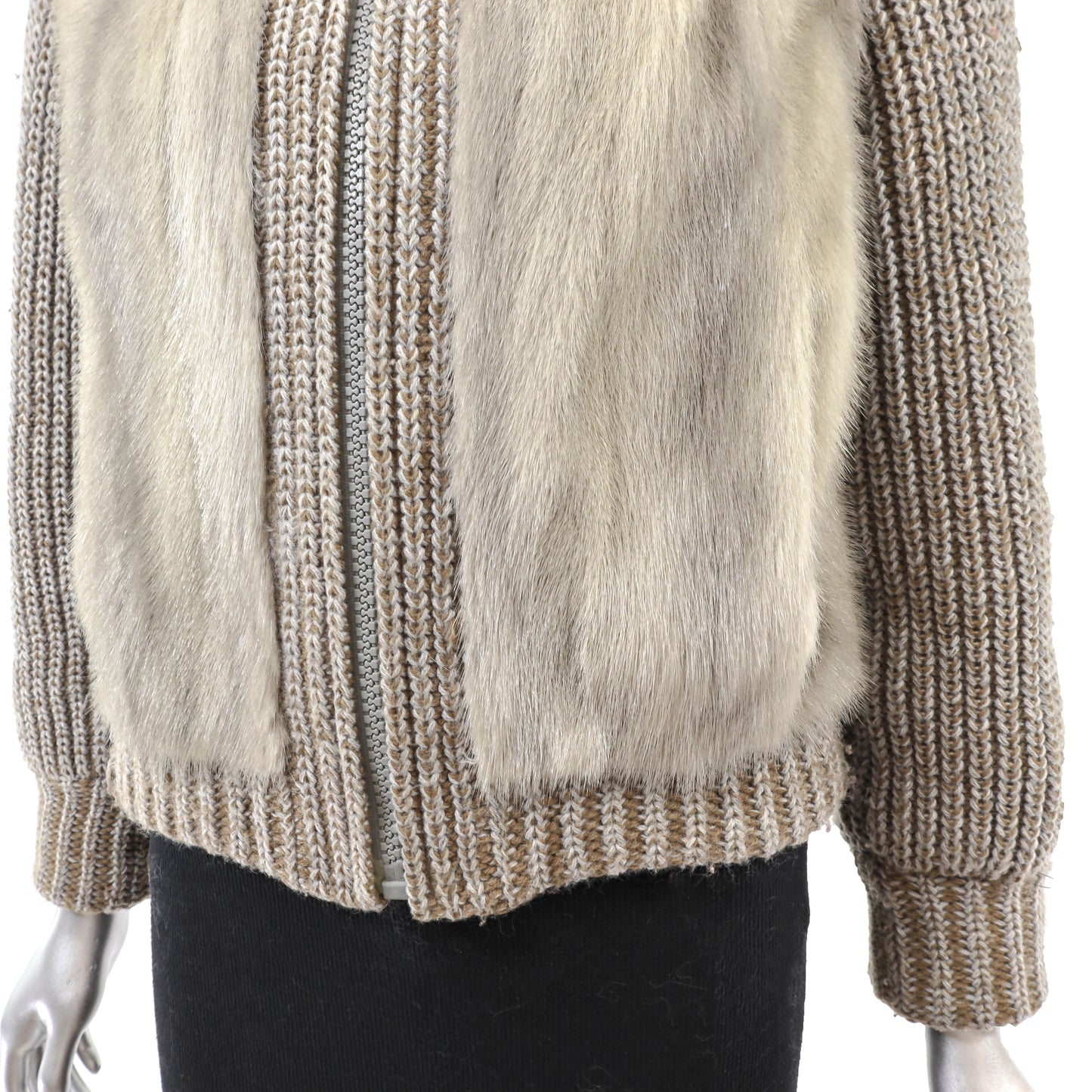Grey Knitted Mink Jacket with Detachable Sleeves- Size S