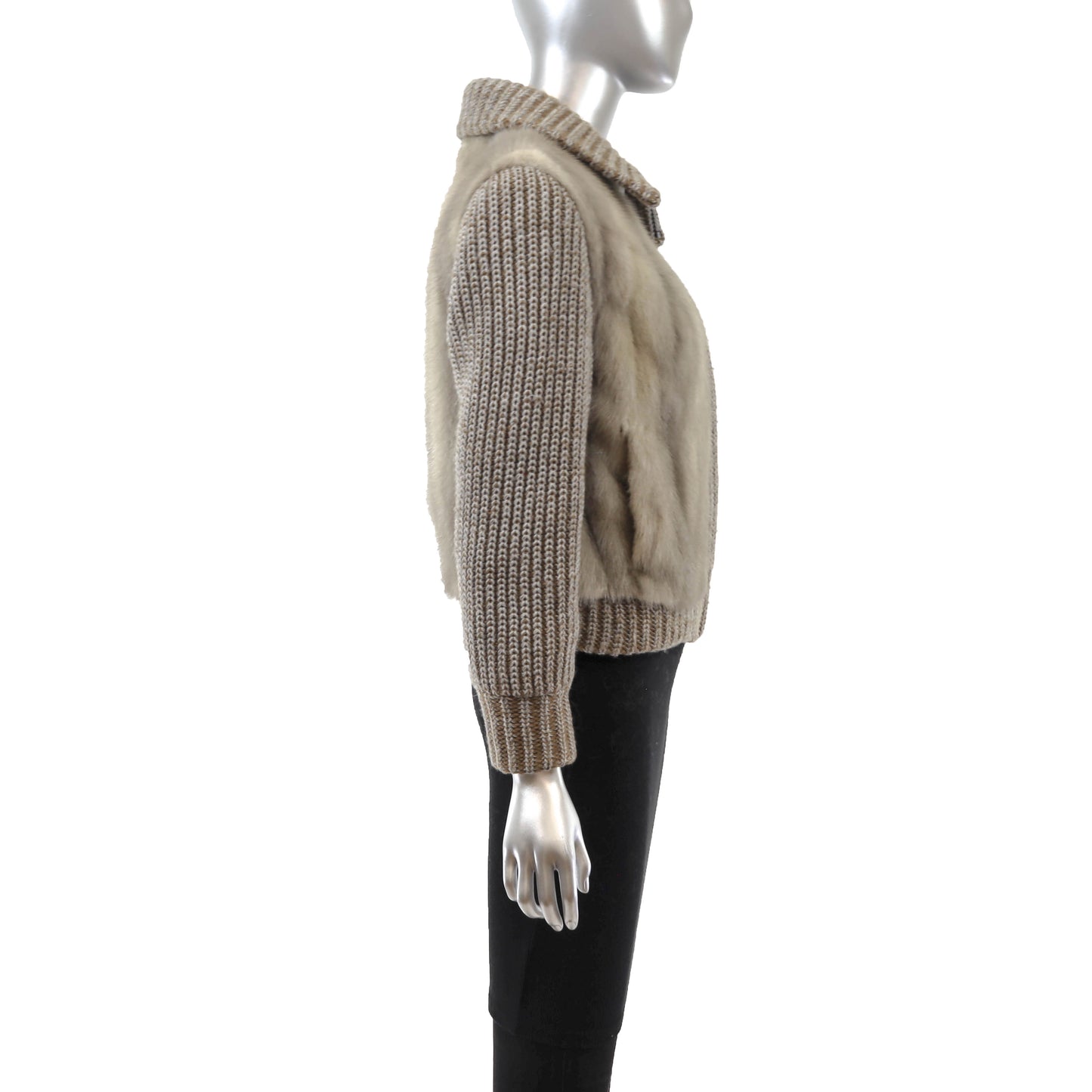 Grey Knitted Mink Jacket with Detachable Sleeves- Size S