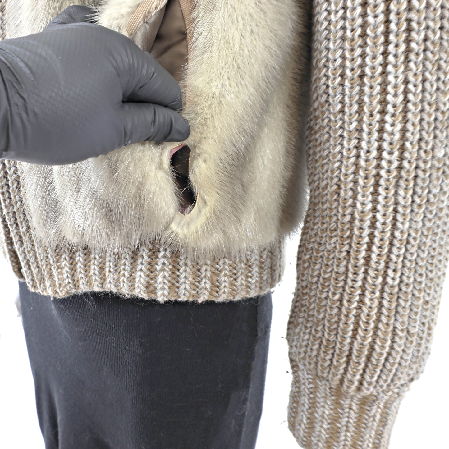 Grey Knitted Mink Jacket with Detachable Sleeves- Size S