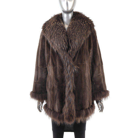 Brown Sheared Mink Jacket with Raccoon Trim- Size L