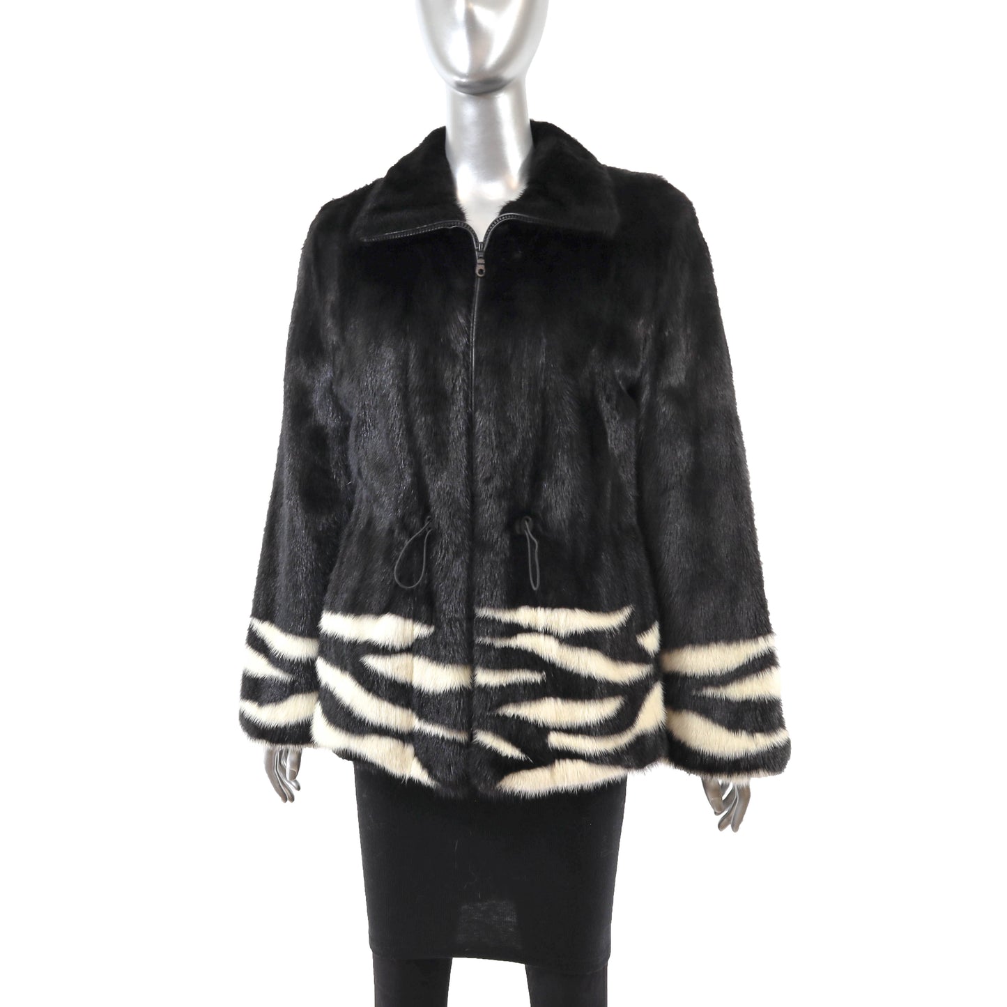 Black and White Mink Jacket with Leather Belt- Size S