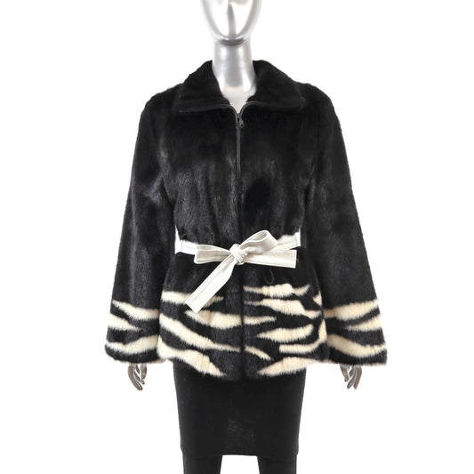 Black and White Mink Jacket with Leather Belt- Size S
