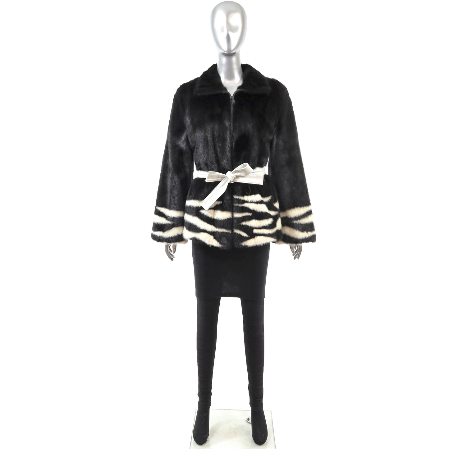 Black and White Mink Jacket with Leather Belt- Size S