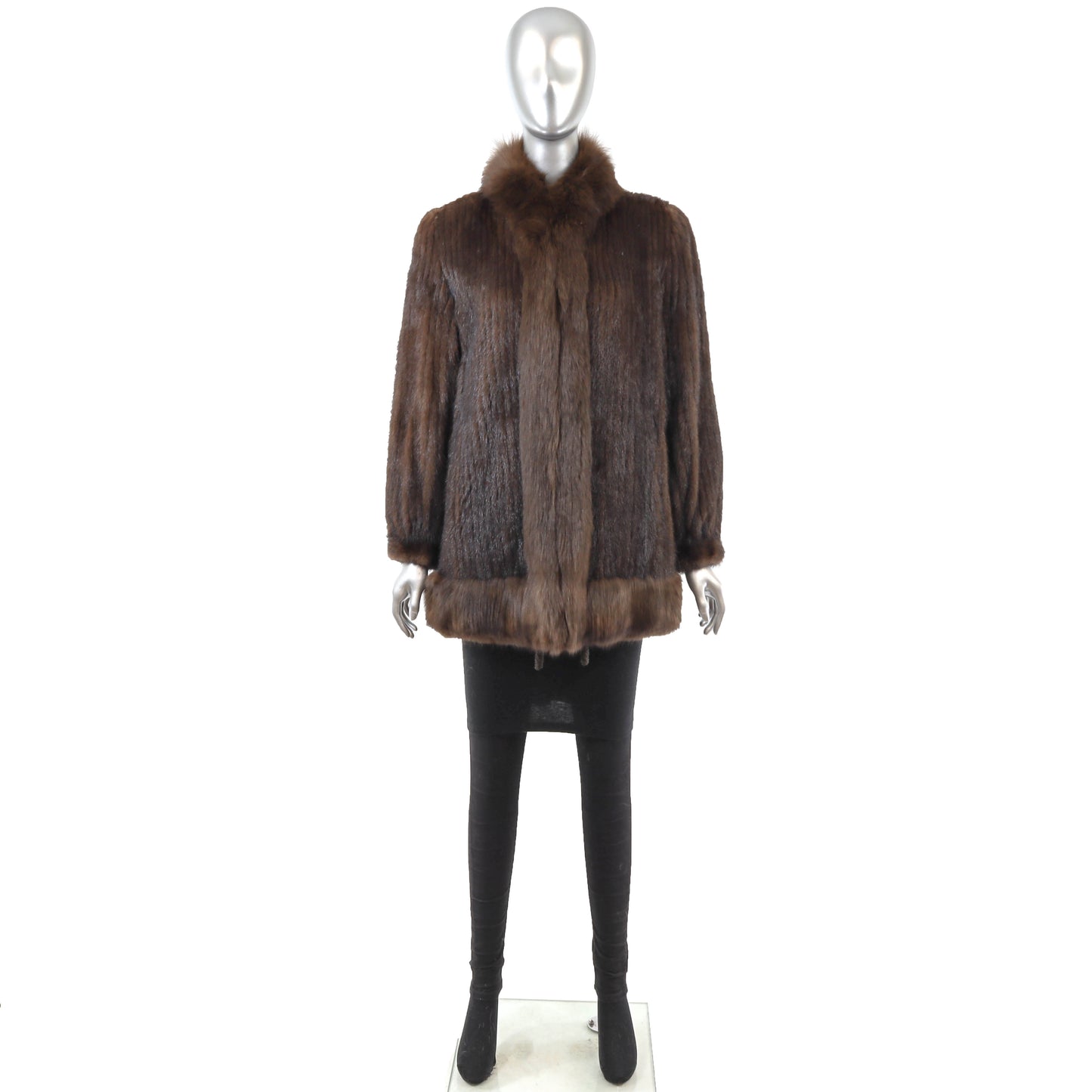 Brown Corded Mink Jacket with Fox Tuxedo- Size S