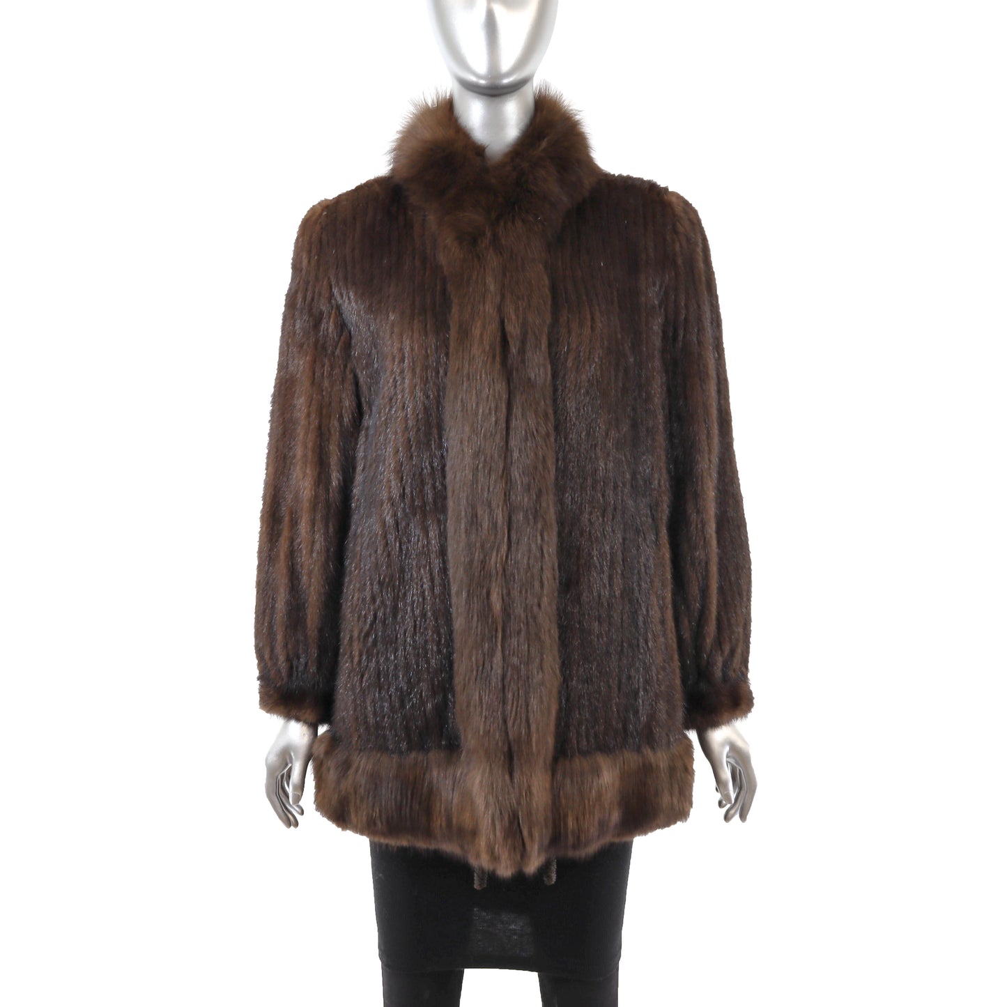 Brown Corded Mink Jacket with Fox Tuxedo- Size S