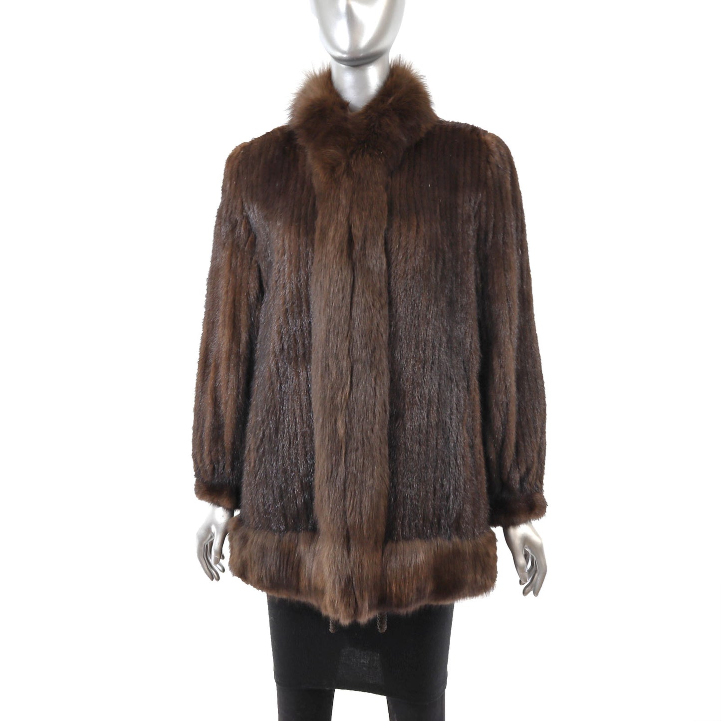 Brown Corded Mink Jacket with Fox Tuxedo- Size S