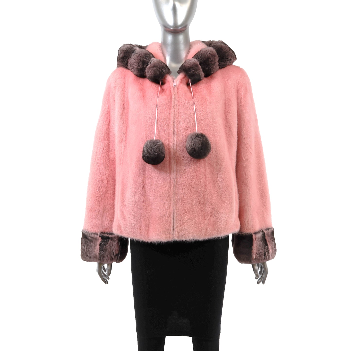 Pink Hooded Mink Jacket with Chinchilla Trim- Size S