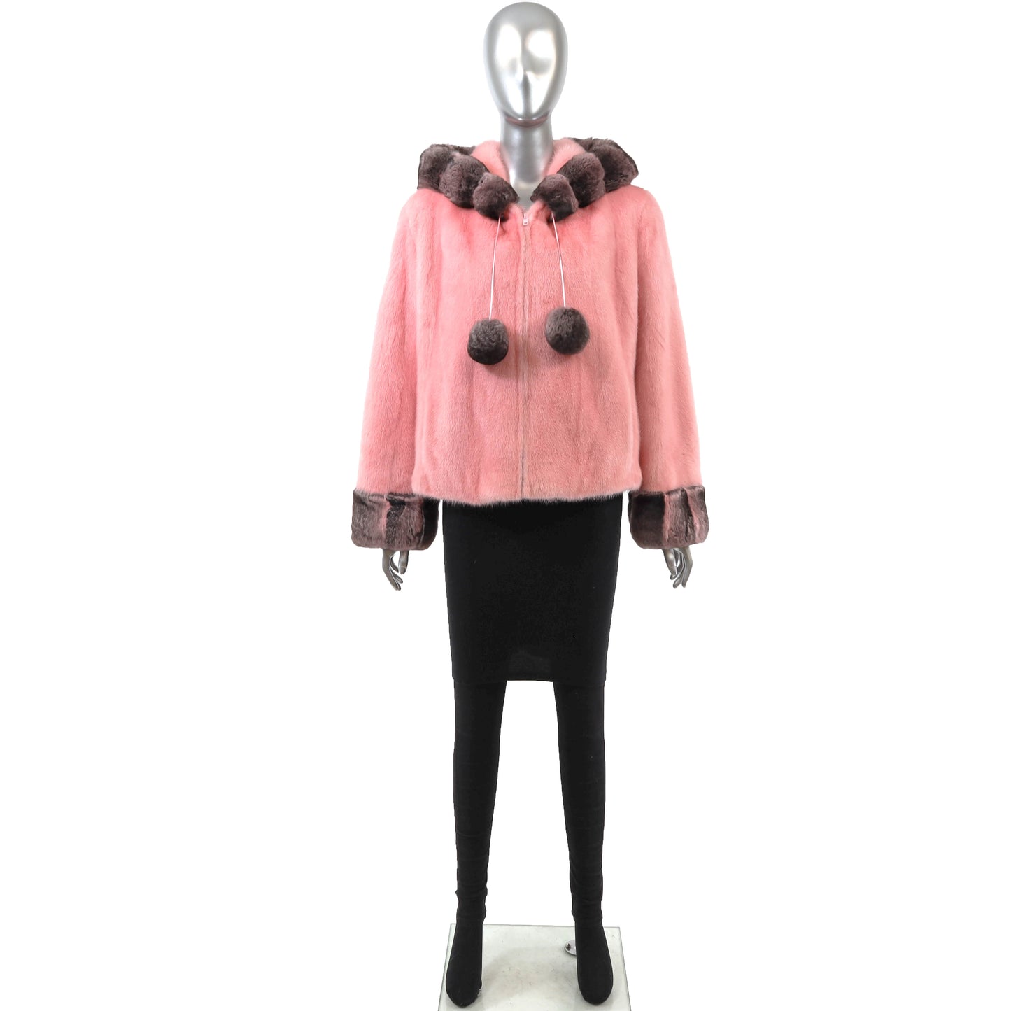 Pink Hooded Mink Jacket with Chinchilla Trim- Size S
