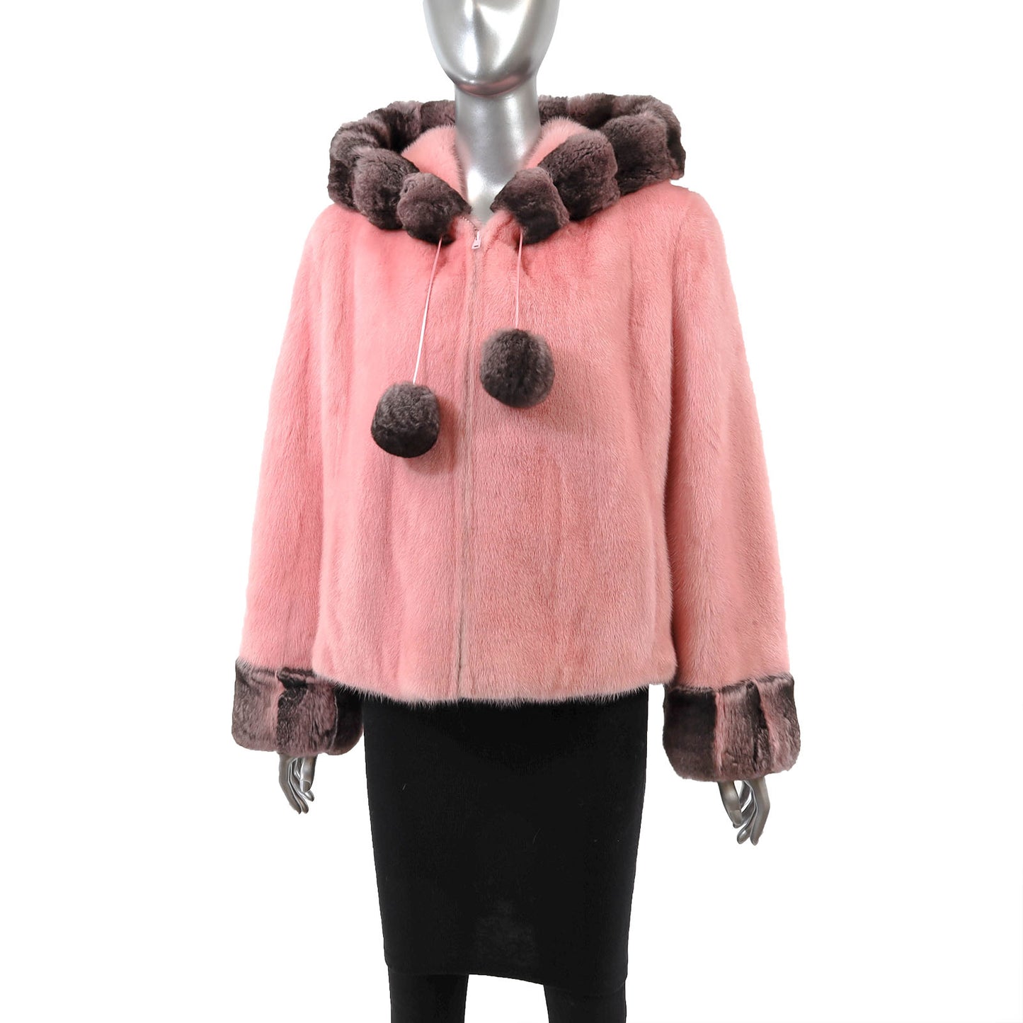 Pink Hooded Mink Jacket with Chinchilla Trim- Size S