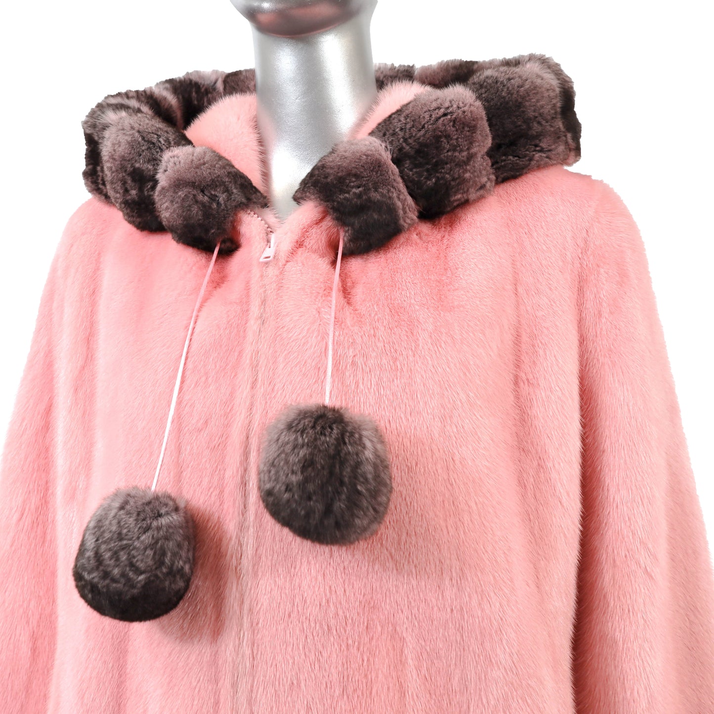 Pink Hooded Mink Jacket with Chinchilla Trim- Size S
