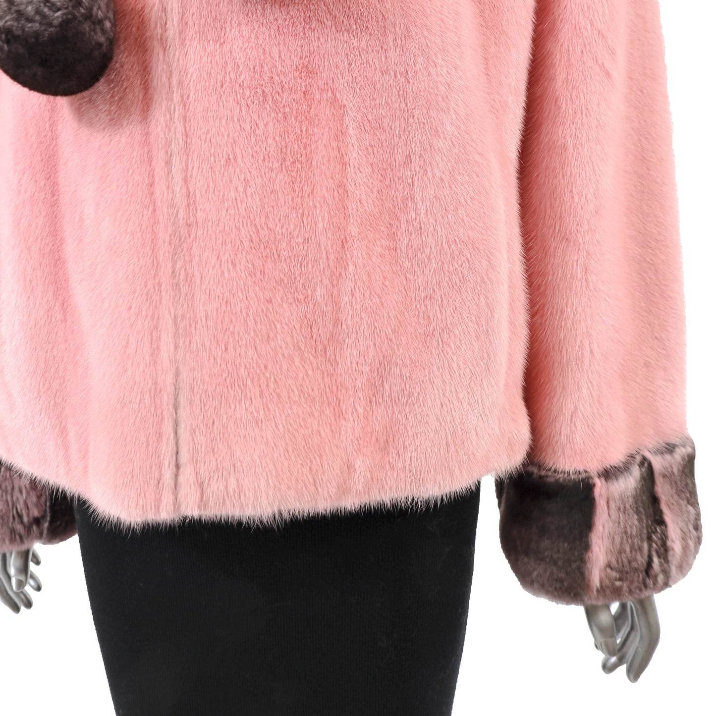Pink Hooded Mink Jacket with Chinchilla Trim- Size S